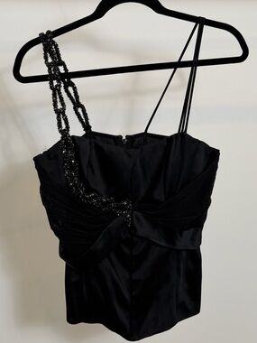 Black One-Shoulder Beaded Evening Top